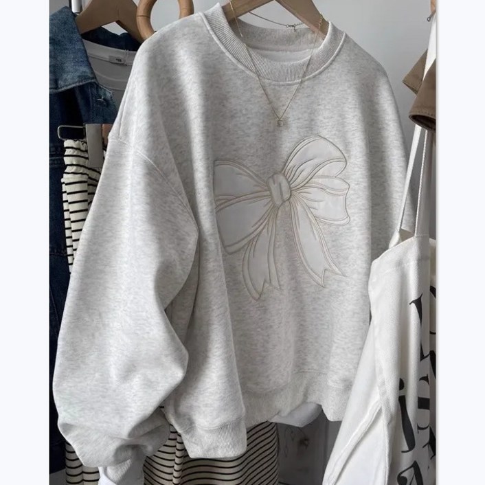 POMTOR 여성 오버핏 라운드 맨투맨 리본 루즈핏 롱 티 셔츠