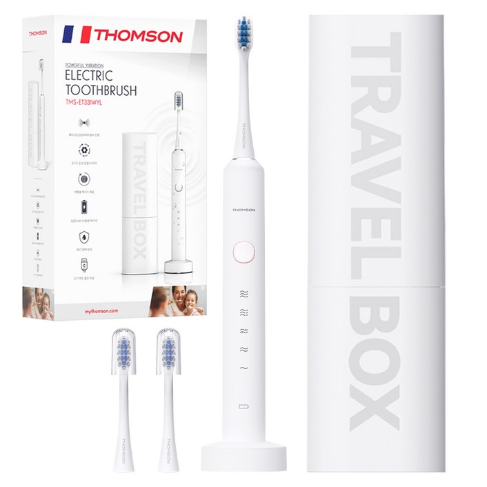 프랑스 톰슨 프리미엄 소프트 케어 IPX7 방수 초미세모 음파 전동칫솔 칫솔모 + 충전거치대 + 케이스, 1세트, 화이트, TMS-ET331WYL