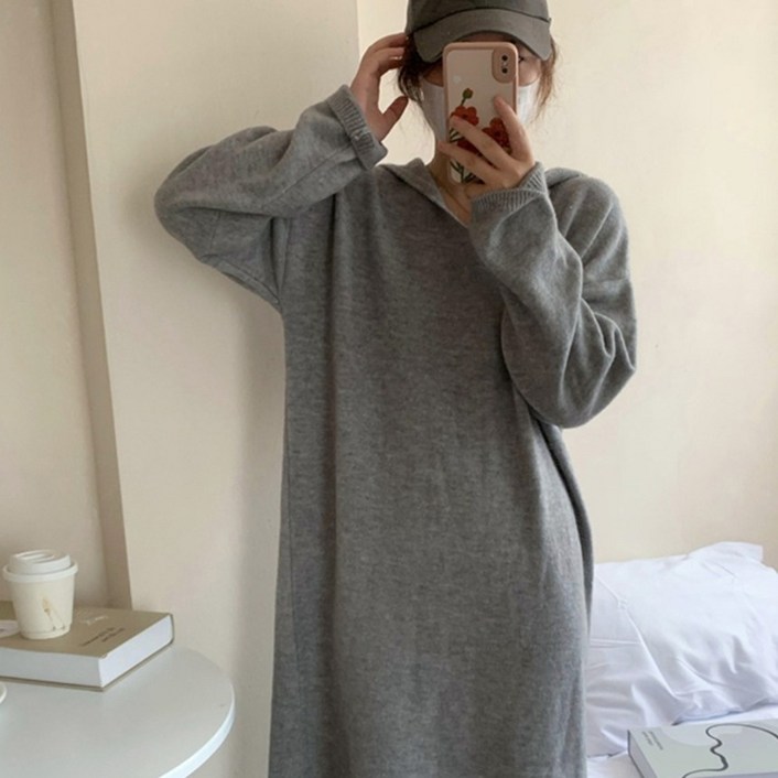 OSON 루즈핏 후드 니트 롱 원피스 간절기 여성 체형커버 봄 가을 얇은 니트 꾸안꾸 데일리룩