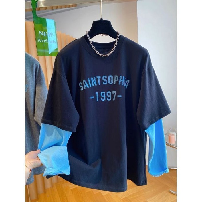 봄 가을 남자 긴팔 티셔츠 캐주얼 레깅스 상의 루즈핏 얇은 맨투맨 패션 페이크 투피스 레터링 순면 라운드 긴팔티 CY