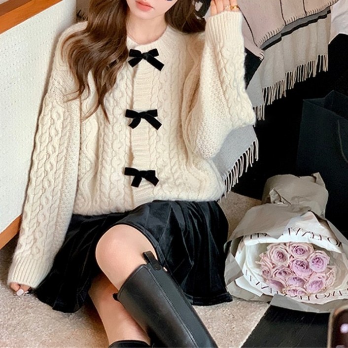 아이엠몽 여성 베이직핏 리본 포인트 니트 가디건