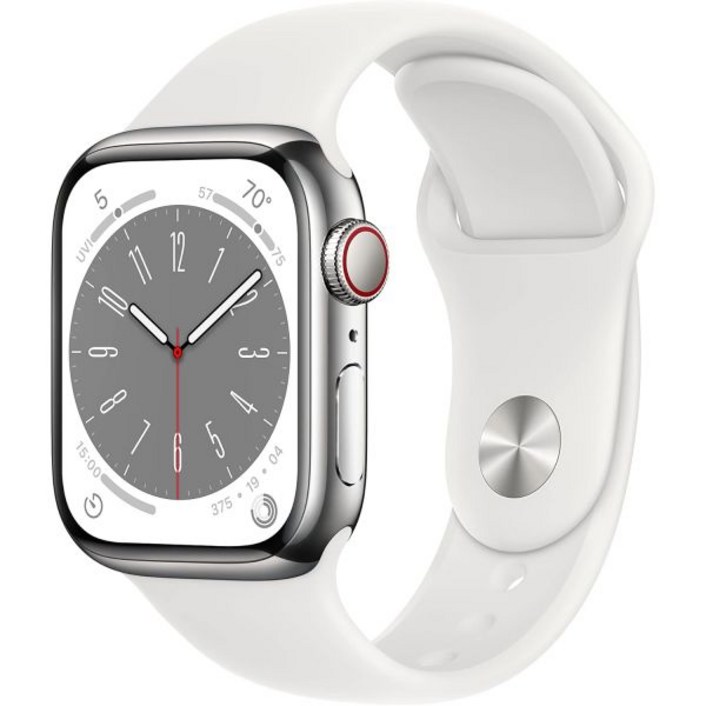 Apple Watch 시리즈 8(GPS + 셀룰러, 41mm) - 흰색 스포츠 밴드 M/L이 포함된 실버 스테인리스 스틸 케이스(아마존 공식 리퍼비시)
