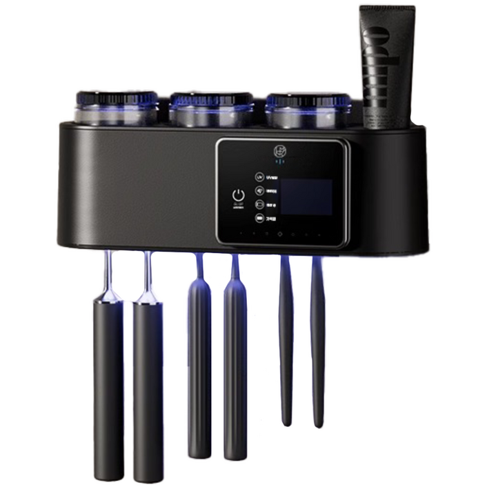 LUMANOKI 무타공 설치 스마트 디스플레이 가정용 살균 건조 양치컵3개세트 칫솔 살균기, 블랙