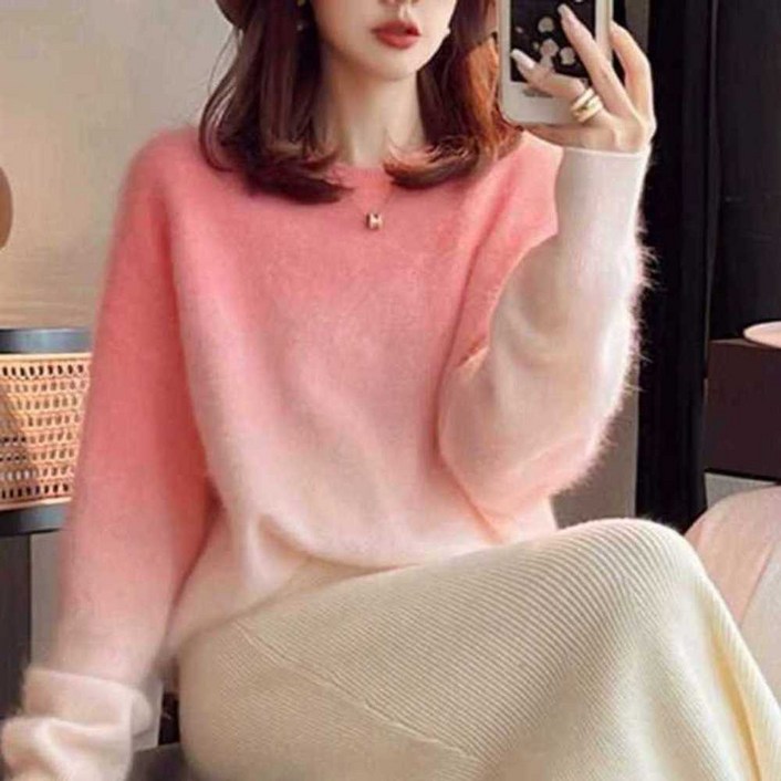 여성 그라데이션 니트 루즈핏 연핑크 블루 Knit