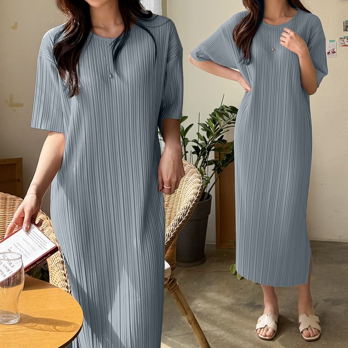 데일리앤 데미안 루즈핏 주름 여름 반팔 플리츠 롱 원피스 빅사이즈 등원룩 홈드레스