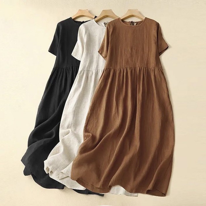 중년여성 순색 라운드 반팔 면마원피스 빅사이즈 캐주얼 루즈핏 심플 린넨원피스 데일리 편안한 치마