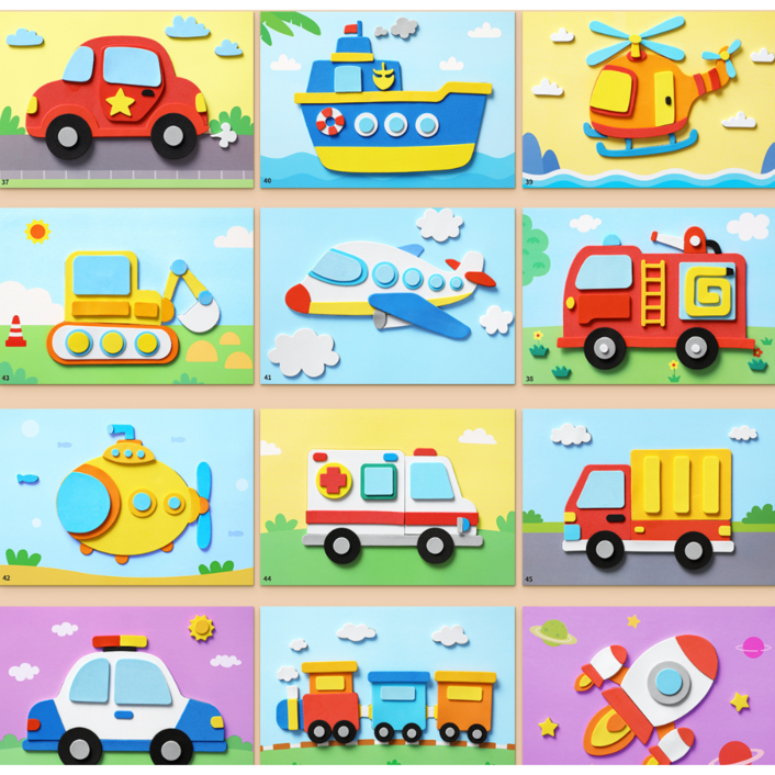 EVA 스티커 유아 만들기 놀이 집콕놀이 어린이 미술놀이 그림그리기 동물스티커 자동차스티커 바다물고기스티커, 12세트