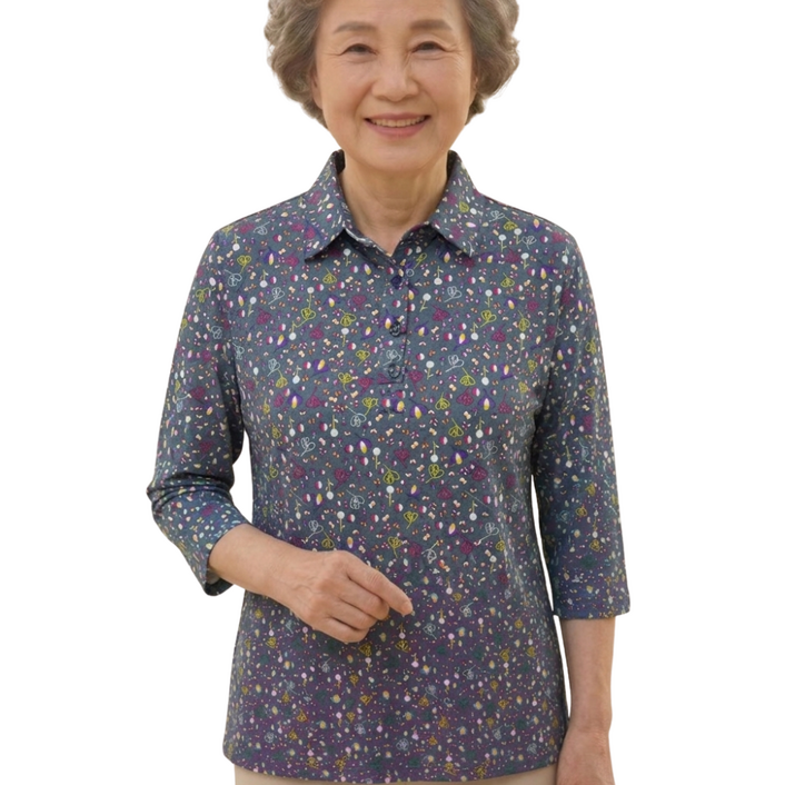 마그랜마 70대 80대 엄마 할머니 화사한 잔꽃 7부 카라 티셔츠 시원한 봄 여름 외출복 (감사엽서 패키지)