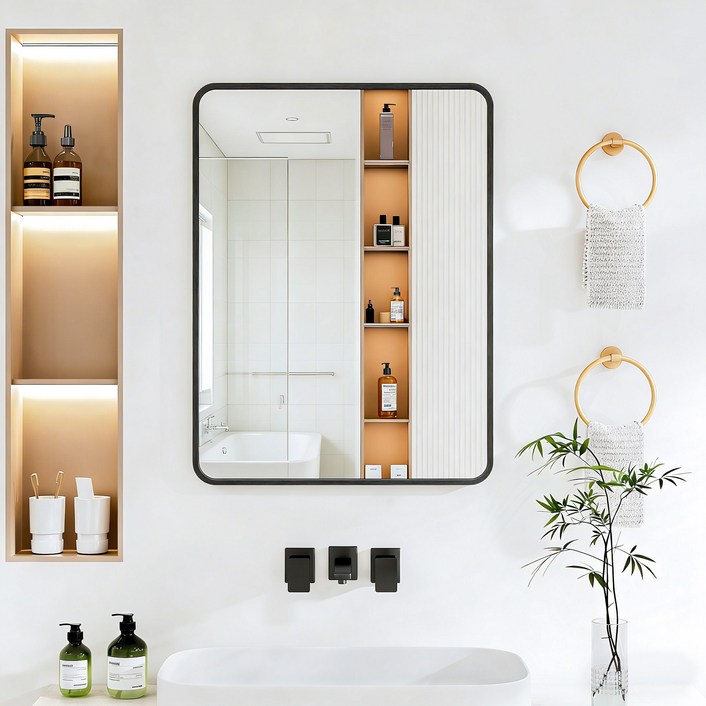 뷰티피크 라운드형 벽거울 화장대거울 욕실거울 강화안전유리, 블랙60cm