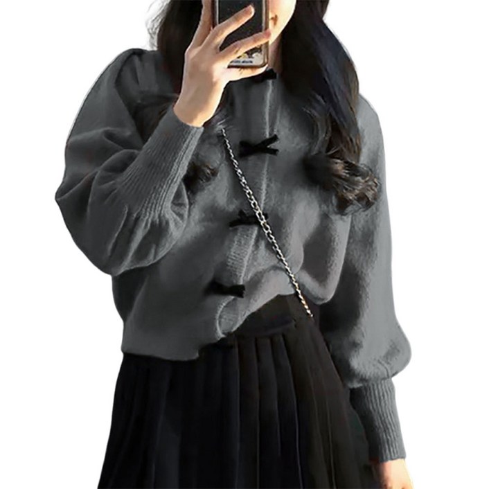 여성가디건 루즈핏 라운드넥 니트 가디건 리본 포인트 시보리 가디건 H45169