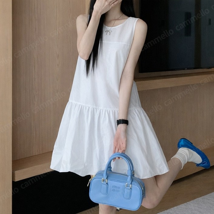 cammello 펌킨 벌룬 민소매 미니 원피스 여름 군살커버 나시 드레스 바캉스룩 휴양지룩