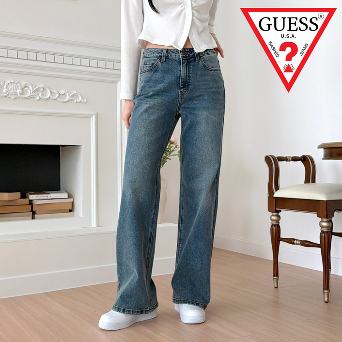 게스 여성 청바지 와이드 사계절 데님 팬츠 BBOMZA파우치