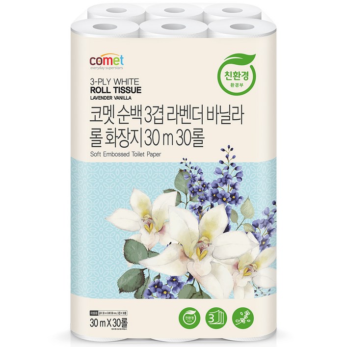 코멧 순백 3겹 라벤더 바닐라 롤화장지 30m, 30개입, 1개 코멧 순백 3겹 라벤더 바닐라 롤화장지 30m, 30개입, 1개