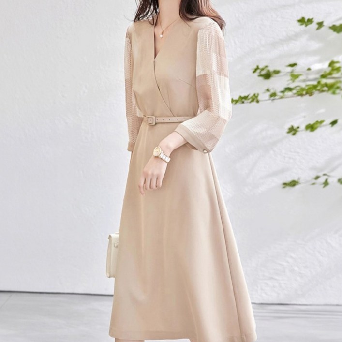 페이퍼먼츠 브엘 브이넥 벨티드 오피스 원피스 10187 빅사이즈 포함