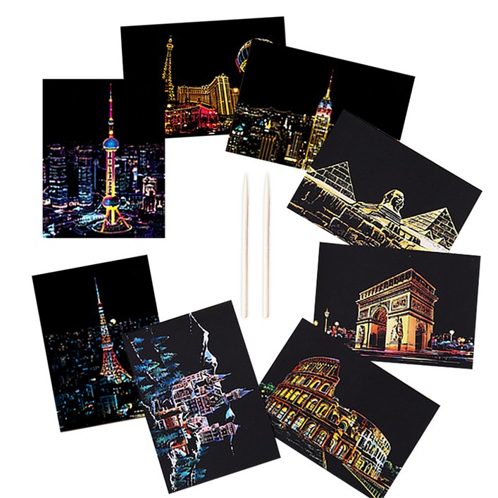 로모주 야경 스크래치북 엽서 카드 DIY 컬러링북 카드 8p  우드스틱 2p 세트, 모던 시티 야경, 고대 건축물카드, 1세트