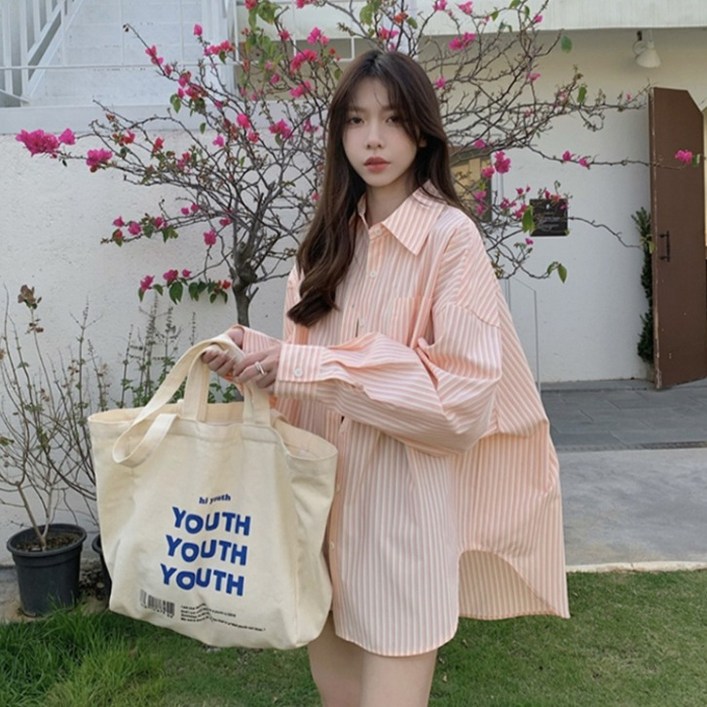 피어니스트 여성용 세로 스트라이프 박시 캐주얼 카라 셔츠