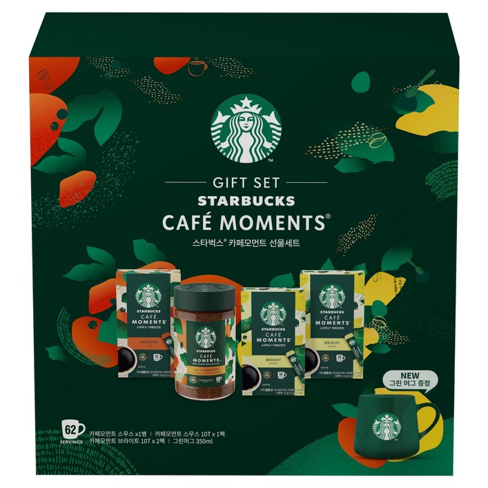 스타벅스 카페모먼트 선물세트, 카페모먼트 스무스 65g  스무스 10p  브라이트 20p 스타벅스 그린 머그 350ml, 1세트