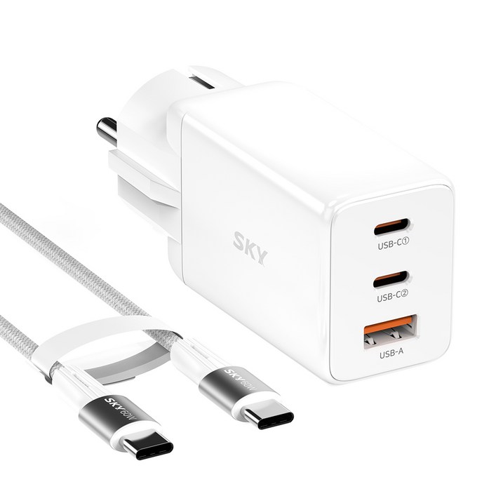 SKY 필 GE10 GaN 65W 3포트 PD QC 접지형 고속 충전 어댑터 SKYGE10, 화이트, 1개 SKY 필 GE10 GaN 65W 3포트 PD QC 접지형 고속 충전 어댑터 SKYGE10, 화이트, 1개