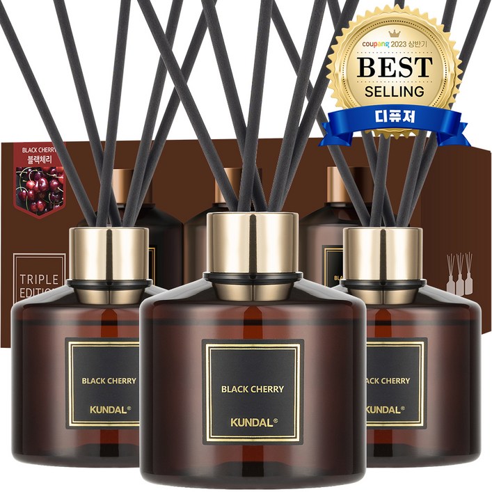 쿤달 퍼퓸 디퓨저 200ml 3개 섬유스틱 15개 세트, 블랙체리향 쿤달 퍼퓸 디퓨저 200ml 3개 섬유스틱 15개 세트, 블랙체리향