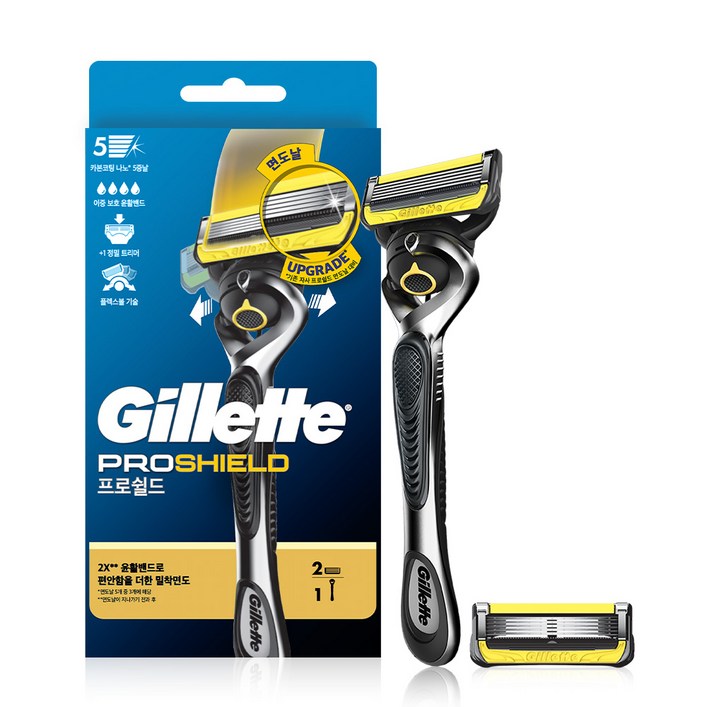 질레트 프로쉴드 옐로우 매뉴얼 면도기 핸들  면도날 2p 세트