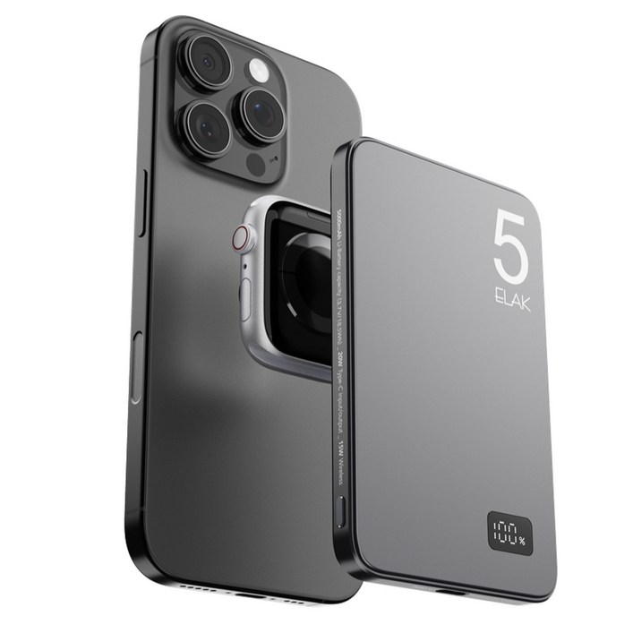 엘락 3 in 1 에어팟 애플워치 충전 초슬림 초경량 무선 맥세이프 고속 충전 보조배터리 5000mAh