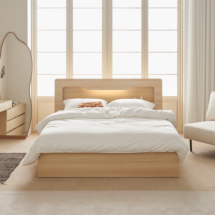 파로마 아몬드 수납 헤드 평상형 침대  매트리스 방문설치, 오크