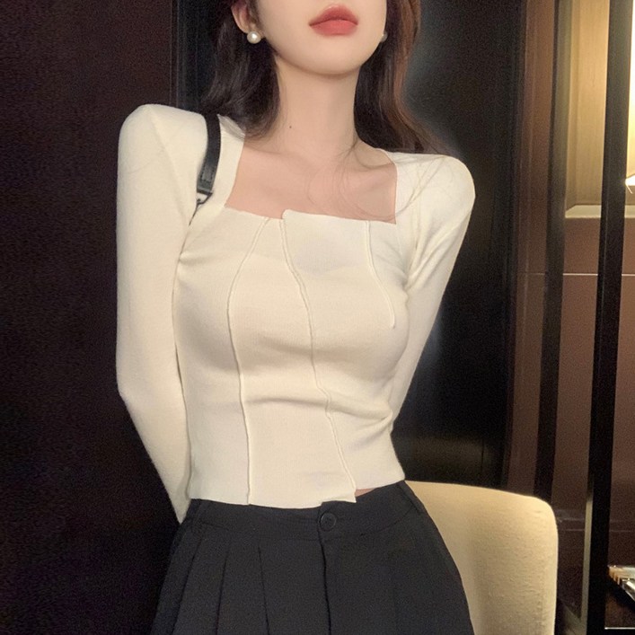피어니스트 여성용 스퀘어넥 시크 크롭 티셔츠