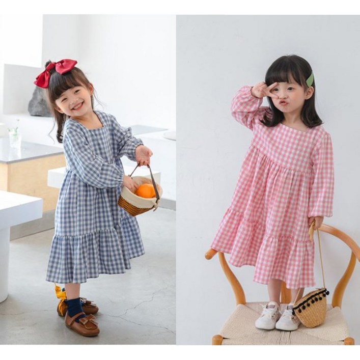 슈가푸딩 키즈 쁘앙체크롱원피스 아동원피스 체크원피스 여아롱원피스