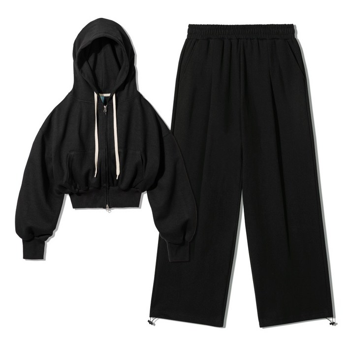 오버핏 기모 무지 크롭 후드 집업 원턱 밴딩 스트링 트레이닝복 셋업 블랙