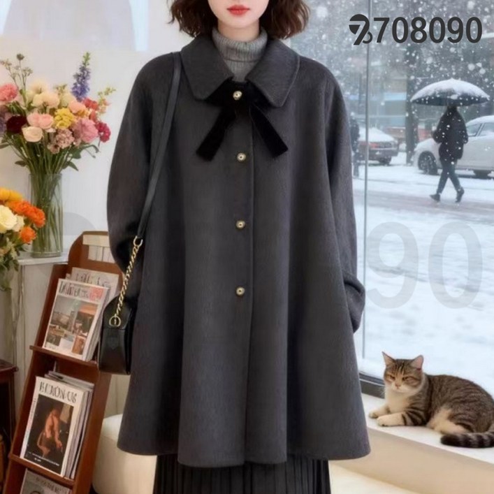 708090 여성 가을 겨울 빅사이즈 통통 리본 망토 모직 코트
