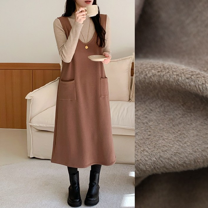 데일리앤 베던 겨울 밍크 융기모 롱 뷔스티에 민소매 원피스