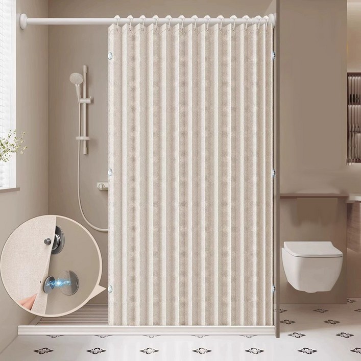 Norbei 욕실 샤워커튼 프리미엄 패브릭 방수 양측 자기흡인 건습분리 화장실 가림막 공간분리