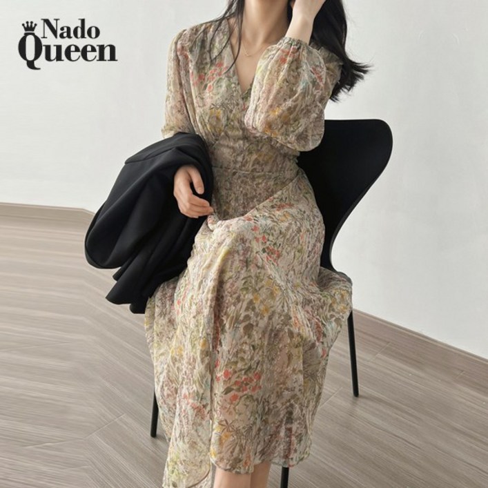 나도퀸 슈스퍼 보테니컬 쉬폰 브이넥 롱원피스판매자 퀸앤조이