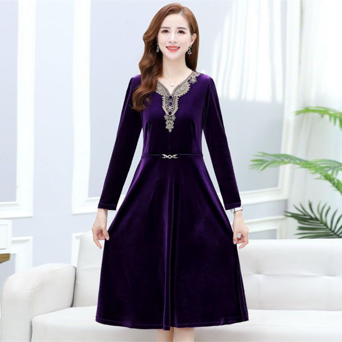 TKX 롱원피스 여성 가을 겨울 우아한 벨벳 롱슬리브 드레스 오피스룩 결혼식
