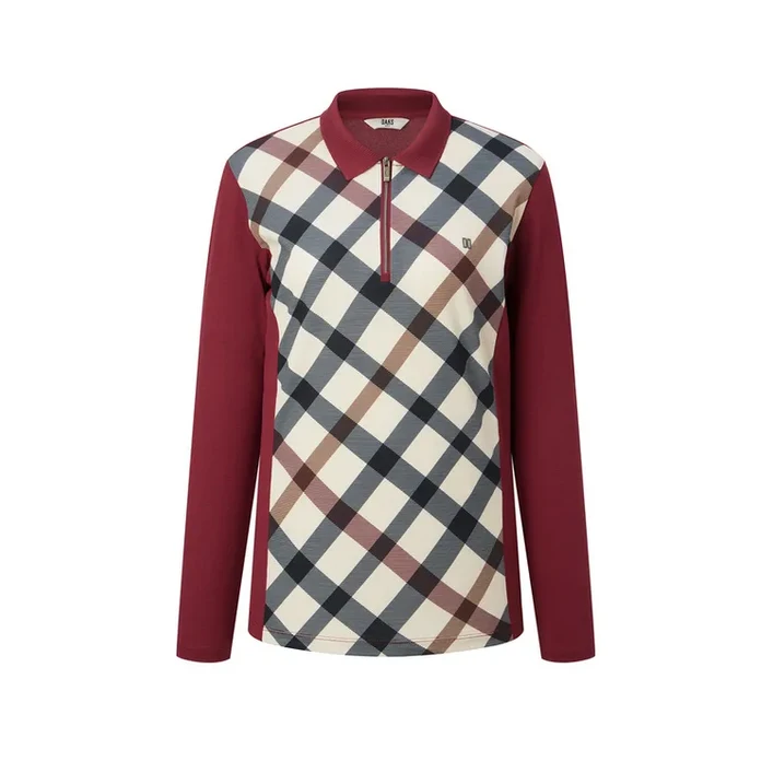 닥스골프 여성 레드 체크배색 반집업 티셔츠