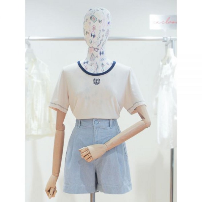 써스데이아일랜드 배색 시보리 U넥 자수 티셔츠 T234ATS237W