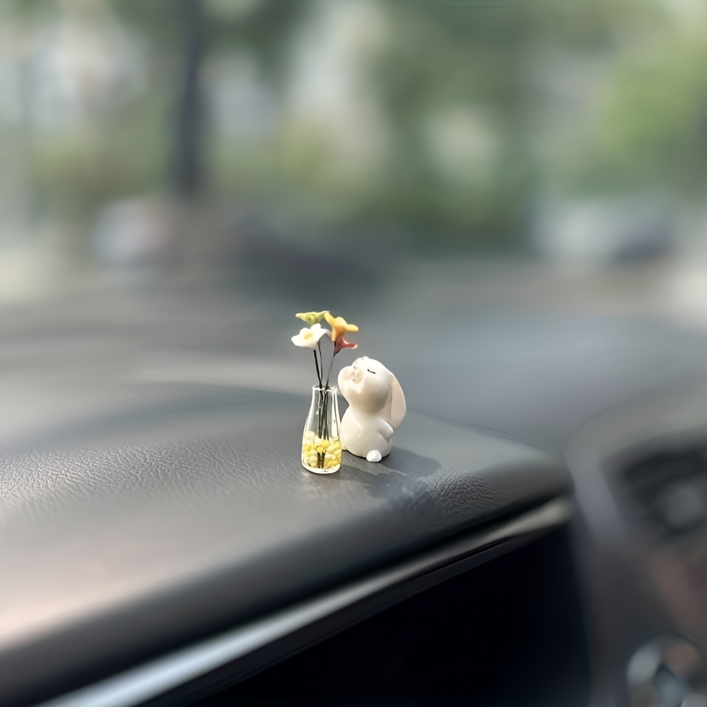 차량용 미니 데이지꽃 향기 맡는 귀여운 토끼 장식품