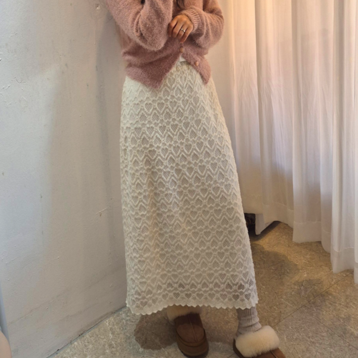 스타일원 여성 허리 밴딩 겨울 하트 레이스 기모 롱스커트 치마