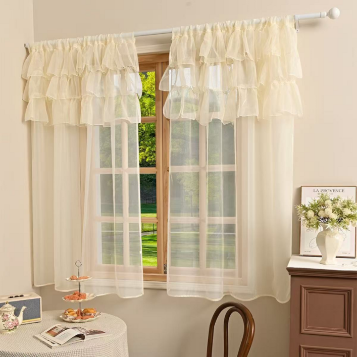 MorningSea 로맨틱 모던 하우스 레이스 프릴 하프 커튼 단색 반투명 거실 호텔 레스토랑 커튼