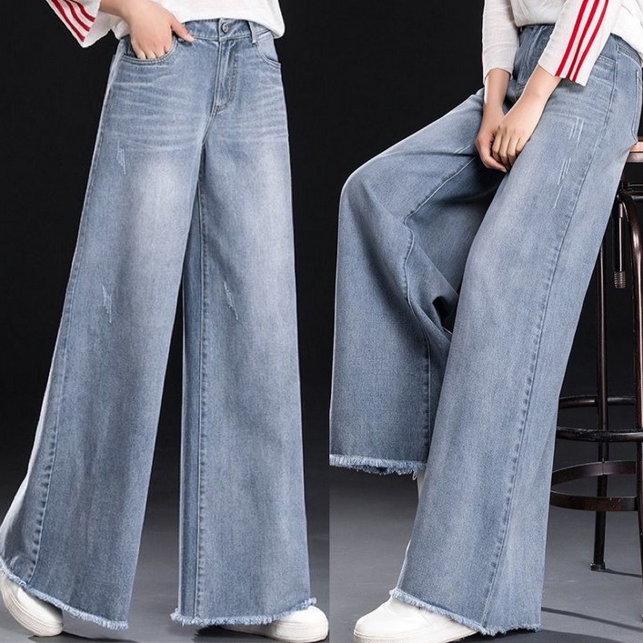 (다리 길어보이는) 빅사이즈 여성 하이웨이스트 통바지 통 데님팬츠 바지 여름 신상 편한 롱 워싱 포켓 빈티지 오버핏 예쁜 데일리 하의 패션 얇은 와이드 블루 일자 연청바지 청바지