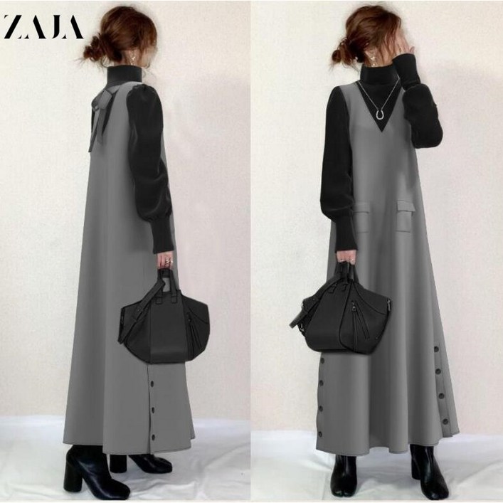 ZAJA 여성 겨울 원피스  긴팔 브이넥 배색 루즈핏 롱원피스