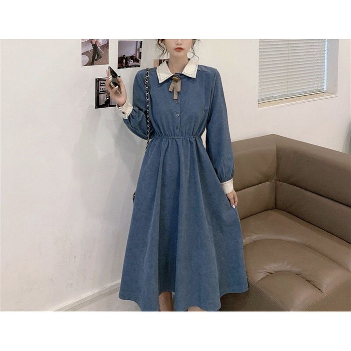 Choyur여성 가을겨울  셔츠카라 원피스 모직 소재 롱슬리브 디자인 허리 조절 가능한 A라인 원피스wjj