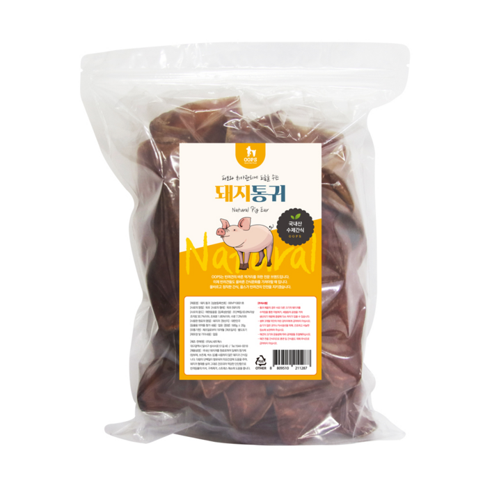 강아지 돼지귀 통귀 500g 국내산 다이어트 대형견 개껌 간식, 500g, 1개