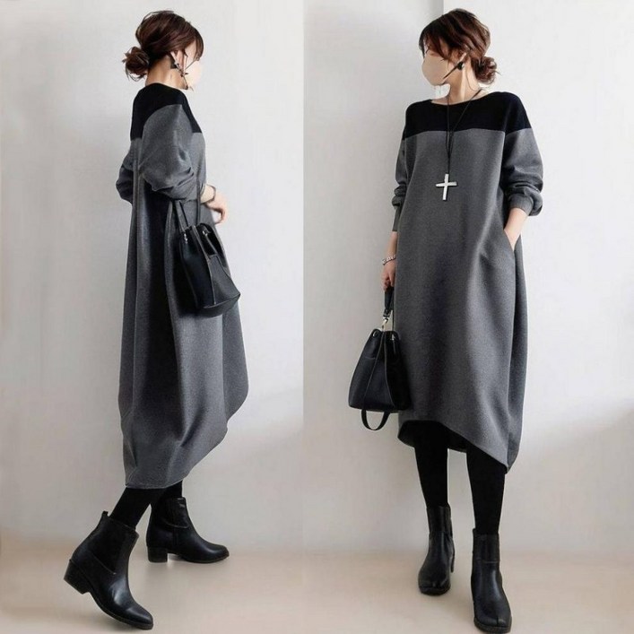 여성 봄 가을 데일리룩 긴팔 원피스 빅사이즈 루즈핏 롱 원피스