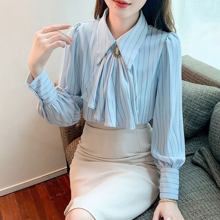 ROYALBELLE 여성 긴팔 블라우스 캐주얼 통기성 부드러운 입체장식 오피스룩 스트레이프 Y091111