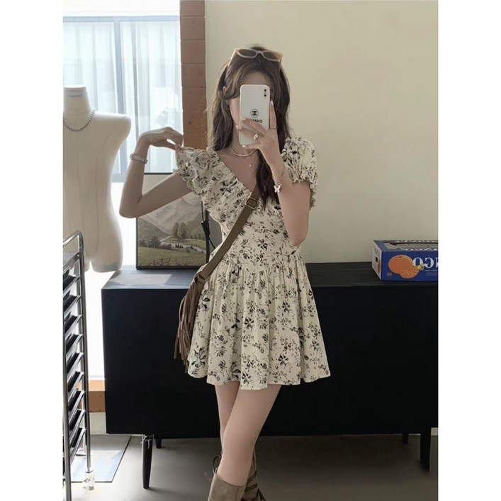 ANYOU 심플한 반팔 플라워 원피스 미니 원피스 바캉스룩
