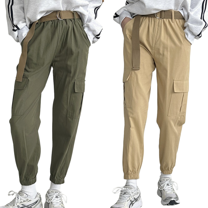 [1+1] 로로비 여성 코튼 카고 바지 허리 밴딩 9부 조거 팬츠