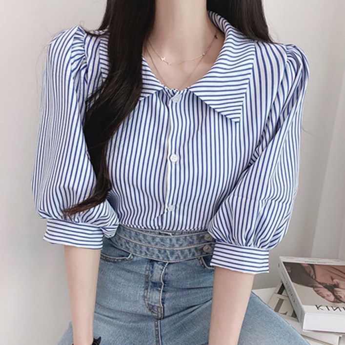 쉬블림로브 신상 스트라이프 빅카라 버튼 블라우스 리하니 GW1726
