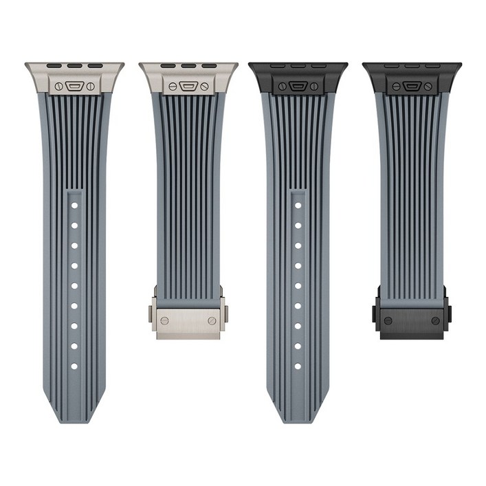 엔인원 애플워치 호환 실리콘 스트랩 메탈 디버클 시계줄 스트라이프 디자인, 블랙그레이