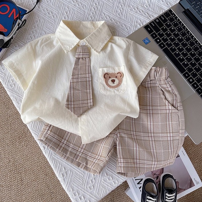당일배송뽀뽀뽀 아동복 유아 체크타이 상하복 여름 정장 세트 타이 포함 캐주얼 곰돌이 아동 키즈 하객룩